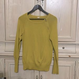 J Crew Mustard Yellow Knit Sweater M Side Collar Zip Long Sleeves